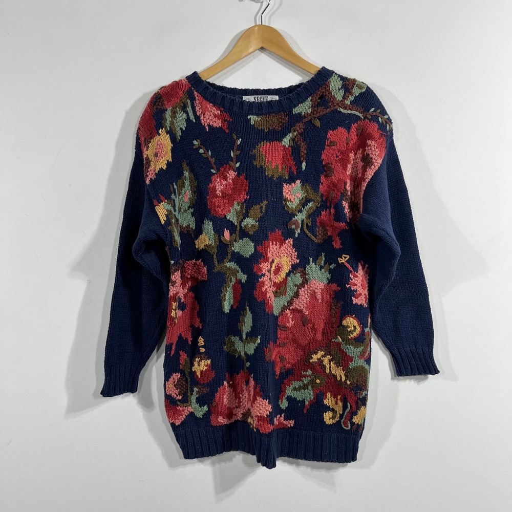 Vintage Segue Cottagecore Folk Floral Intarsia Knit Granola Sweater Large 90s